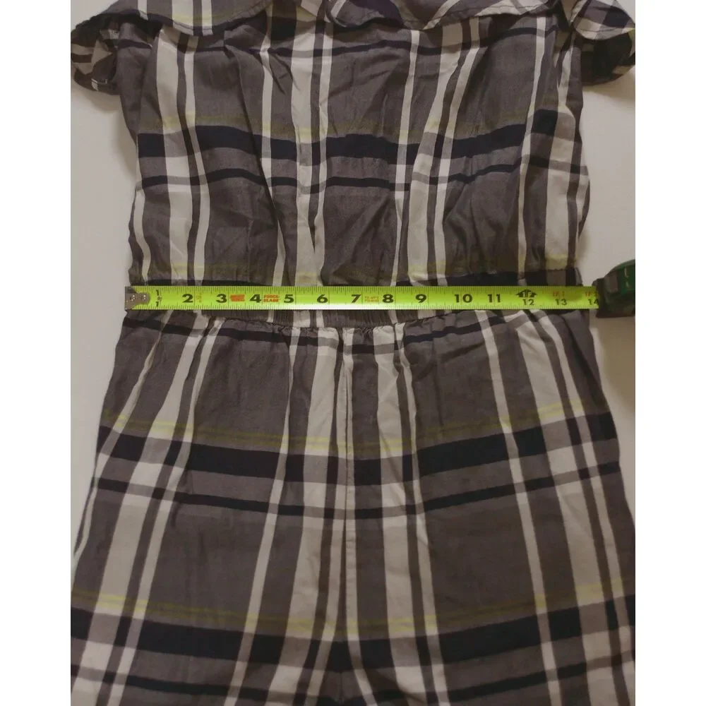 Banana Republic Plaid Cold Shoulder Romper Large Gray Ruffle Preppy Cottagecore